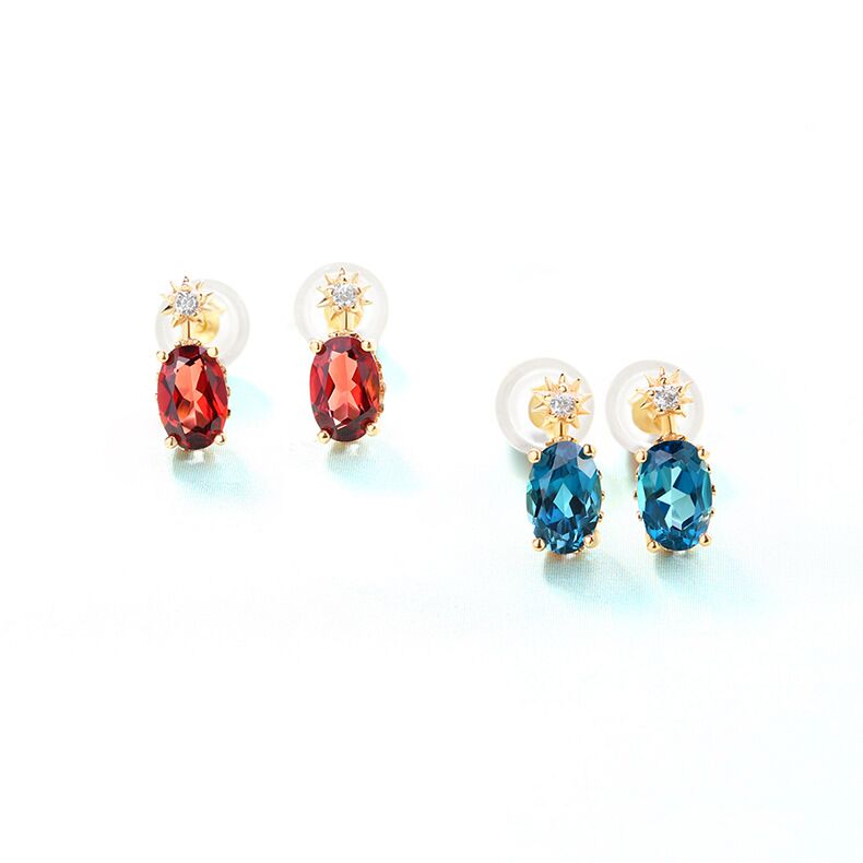 Elegant S925 Sterling Silver Earrings with 9k Yellow Gold Plating Mozambique Garnet/Blue Topaz [710E005864]